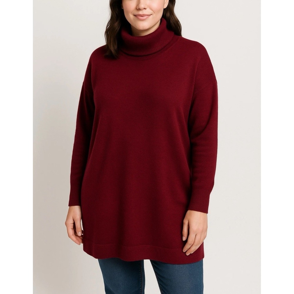 Eileen Fisher Size-L/Pet Sweater Cranberry Mock Turtleneck Merino Wool‎ Tunic